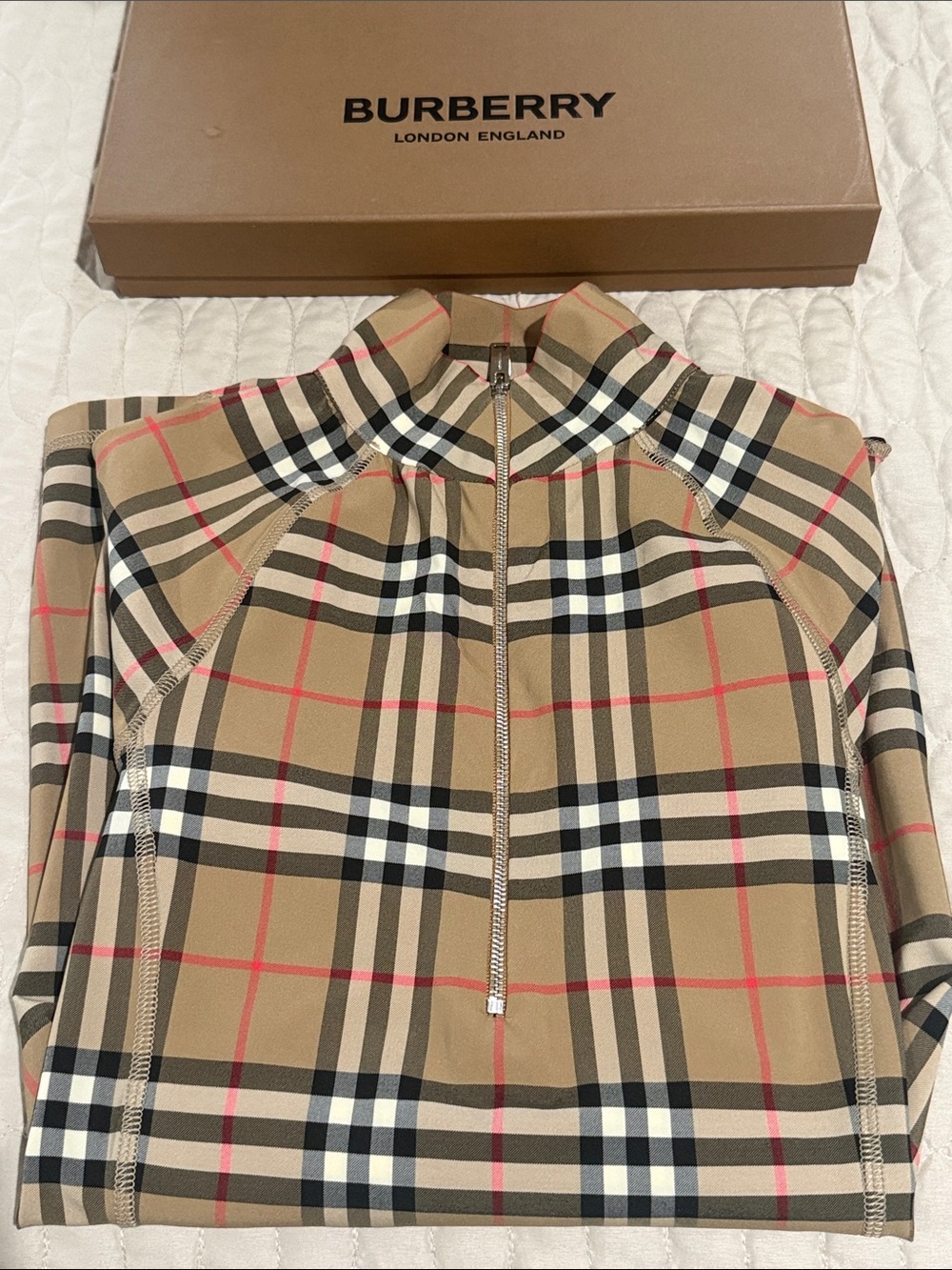 Burberry Beige Vintage Check Zip Neck Top